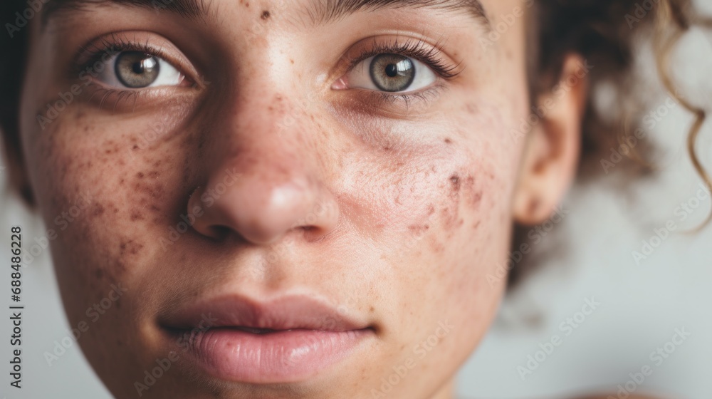 A woman from Europe confidently looks at the camera, embracing her flawed skin against a beige backdrop. A woman from Europe confidently looks at the camera, embracing her flawed skin against a beige backdrop.