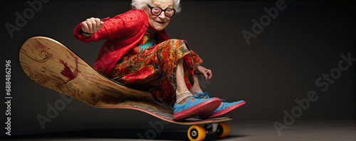 Funny old grammy ride on skateboard. illustration or cartoom picture photo