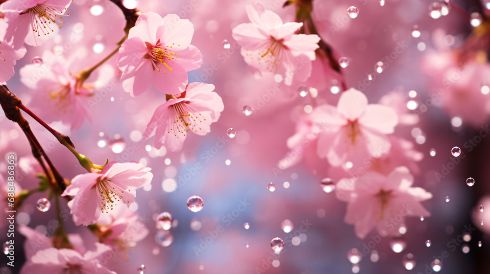 Fototapeta premium 桜と雨、さくらの花と水滴のアップ、春の風景