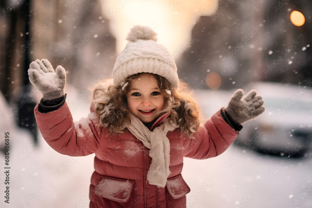 A young girl, dressed in winter attire, enjoys herself on a snow-covered street A young girl, dressed in winter attire, enjoys herself on a snow-covered street