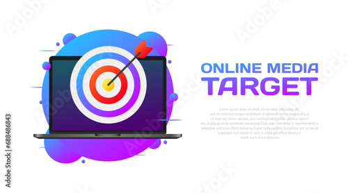 Fototapeta Naklejka Na Ścianę i Meble -  Online media target sign. Flat, purple, laptop icon with darts, online media target. Vector illustration
