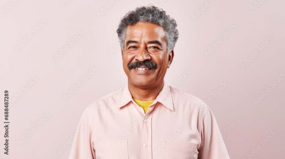 Fototapeta premium A happy senior with different skin tones poses against a studio-lit pinkish background.