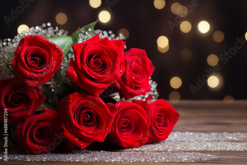 Red roses on wooden table with bokeh background. Valentines day. Red roses on wooden table with bokeh background.  bouquet of red roses  copy space.