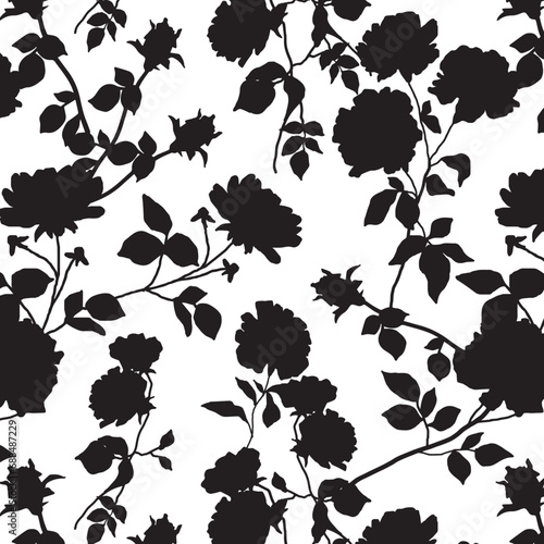 bicolor contour silhouette seamless pattern with flowers and leaves. Abstract floral spring, summer pattern.