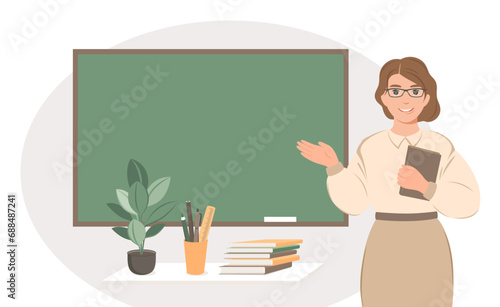 Female teacher in classroom. Woman teacher standing by blackboard in the classroom. Concept of education and training. Vector illustration