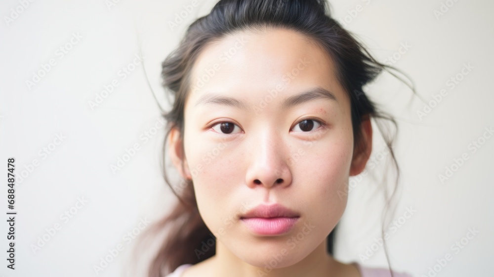 A closeup shot emphasizes the individuality of an Asian woman with imperfect skin. A closeup shot emphasizes the individuality of an Asian woman with imperfect skin.