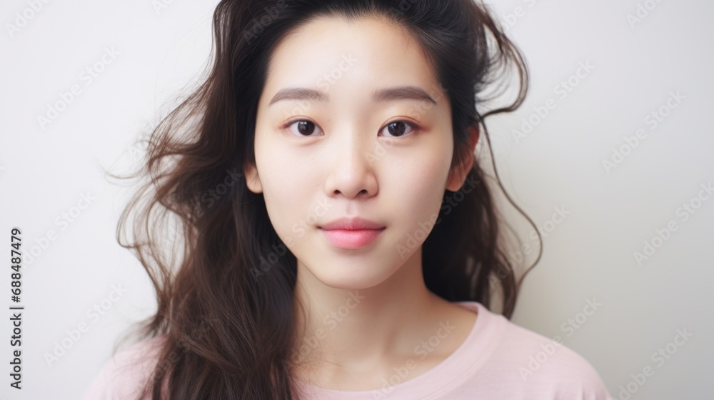 Asian woman with closeup portrait and imperfect skin gazes at the camera. Asian woman with closeup portrait and imperfect skin gazes at the camera.