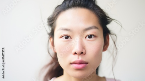 A closeup shot emphasizes the individuality of an Asian woman with imperfect skin.