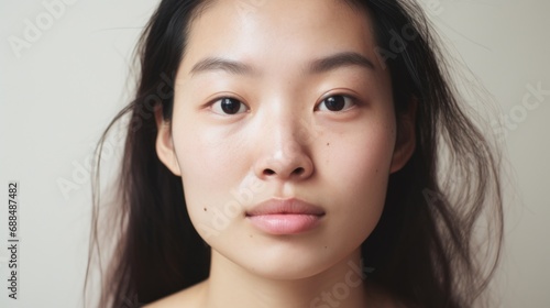 The closeup portrait highlights the real and imperfect beauty of an Asian woman.