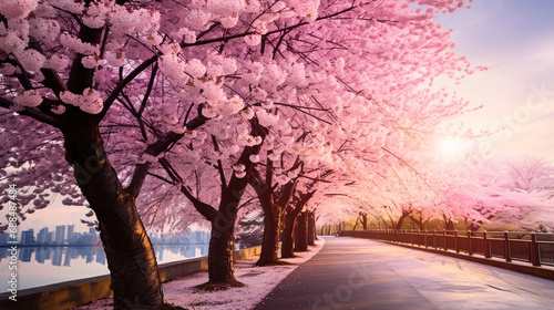 桜並木、満開の桜と水辺の道の風景 photo