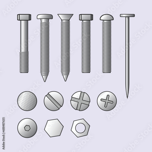 Set of Screw Nut Bolts Icon Vector Illustration Engineer Screw Icon