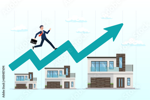 Businessman running on rising green graph on house roof, housing price rising up, real estate or property growth (Vector)