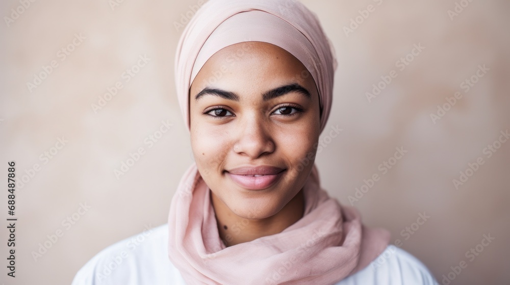 An up-close portrait of a Moroccan woman, her flawed skin proudly displayed, set against a neutral studio background. An up-close portrait of a Moroccan woman, her flawed skin proudly displayed, set against a neutral studio background.