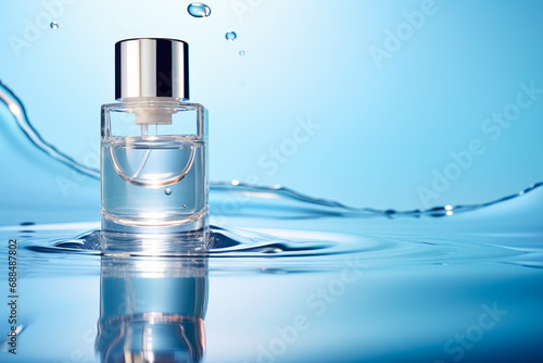 Perfume in a glass bottle on a blue water background. Great advertising poster for promoting a new fragrance.