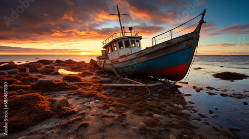 Rusty fishing boat anchored during low tide with sunset in the background.