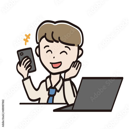 仕事をサボってスマホに夢中のビジネスマンのイラスト