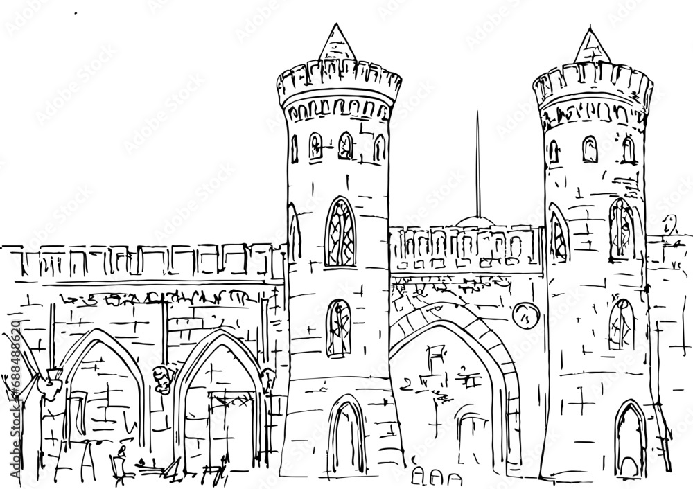 Travel sightseeing landmark Nauen Gate, Potsdam, Germany.  Sketch of a Gothic Revival architecture building Nauener Tor