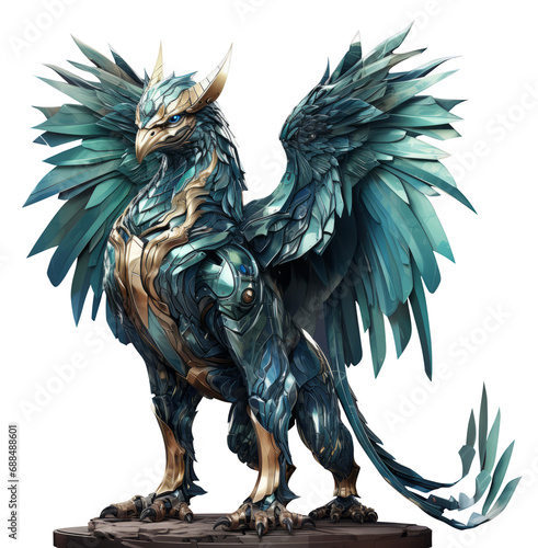 Fantasy bird or phoenix  griffin of gold emerald azure  cyberpunk  fantastic  png  artifact. Isolated on transparency.