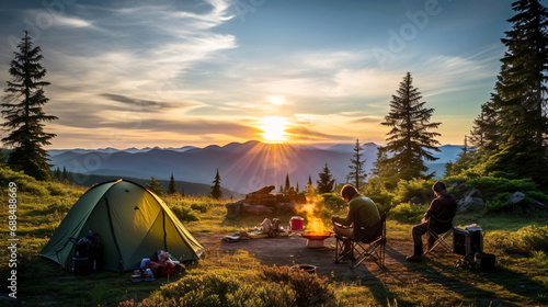 春のキャンプ、太陽と自然とテントの風景 