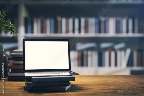 Contemporary laptop setup for online learning, with books and plant, library blur. 3D Rendering