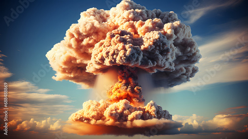 Terrible explosion of a nuclear bomb with a mushroom. Hydrogen bomb test. Catastrophe