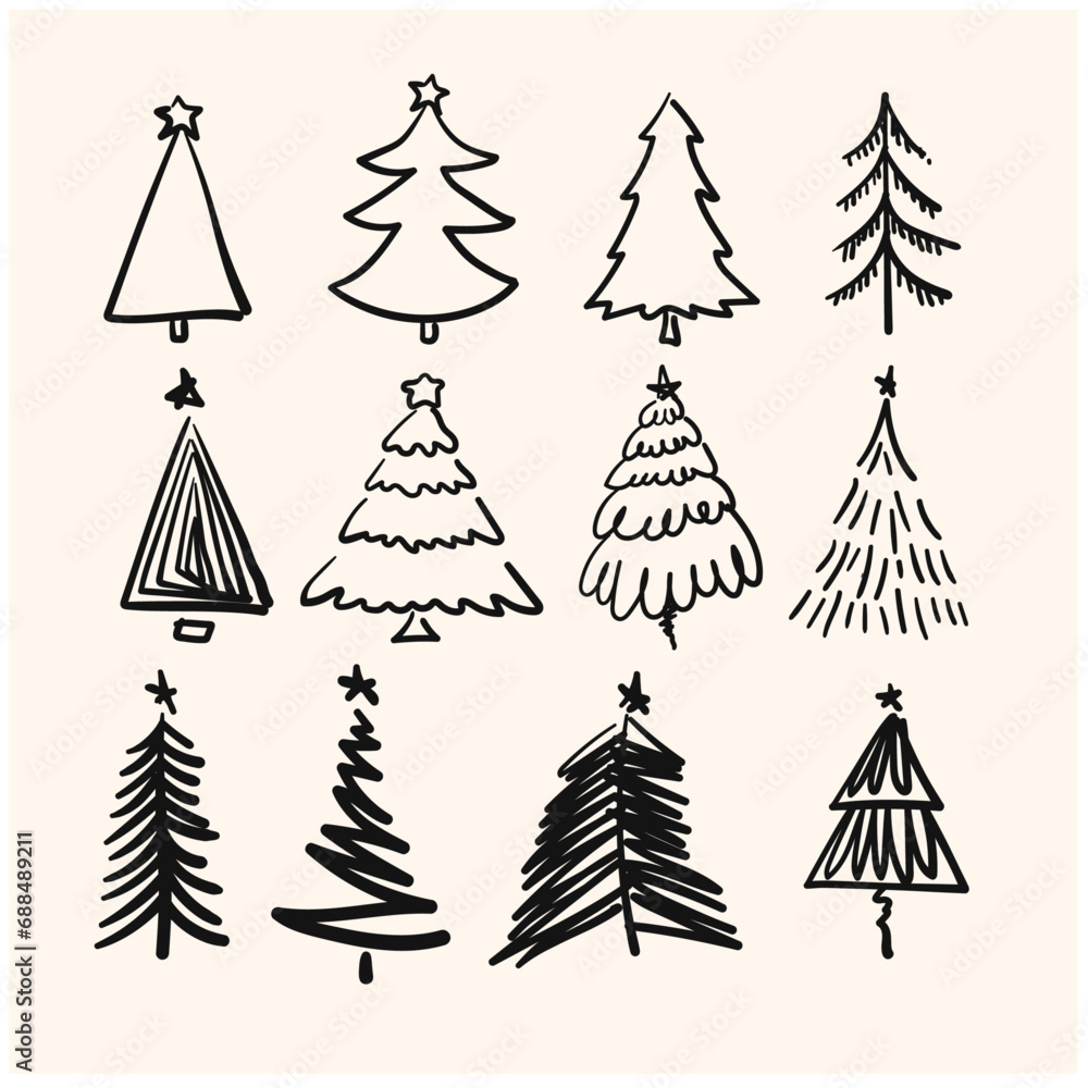Freestyle hand drawn Christmas tree collection Abstract doodle wooden pattern.