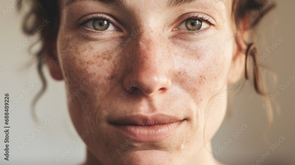 A woman from Europe poses with flawed skin against a studio light backdrop. A woman from Europe poses with flawed skin against a studio light backdrop.