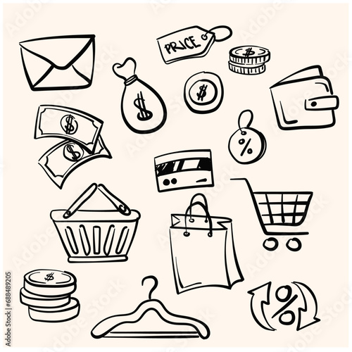 Shopping retail sales and discounts with lineart doodle drawing style