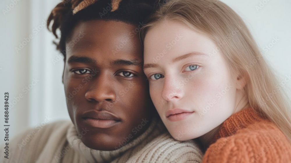 A joyful mixed-race pair finds happiness in their shared embrace. A joyful mixed-race pair finds happiness in their shared embrace.
