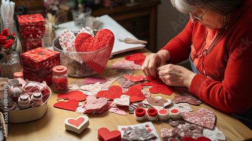 Senior woman making DIY Valentine's cards and gifts