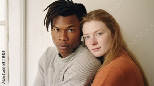 In the comfort of their home, a young couple with different skin tones shares a loving moment.
