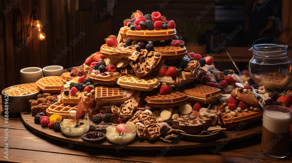 A wooden table topped with lots of waffles
