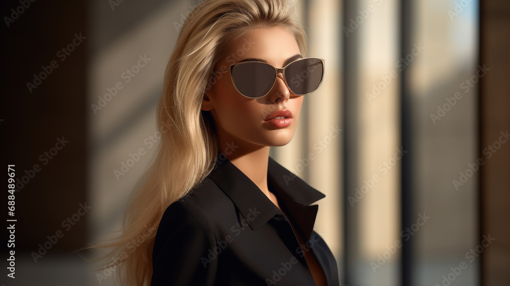 A stylishly dressed model with sunglasses A stylishly dressed model with sunglasses