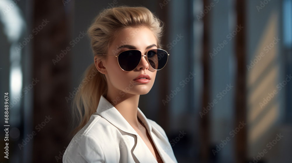 A stylishly dressed model with sunglasses A stylishly dressed model with sunglasses