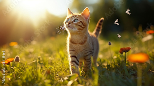 A cat on a field with butterflies