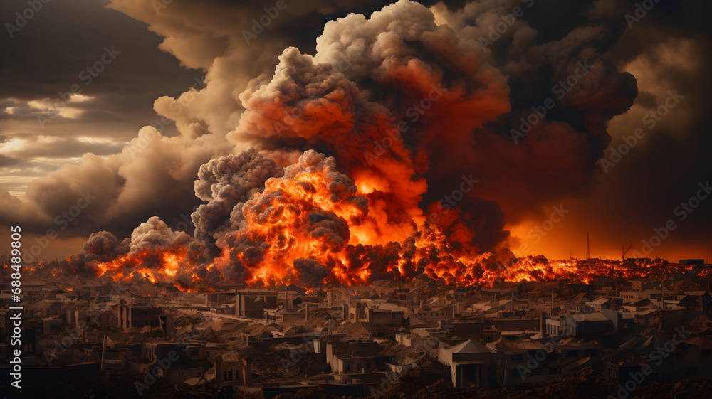 Terrible explosion of a bomb with a mushroom in the city. Hydrogen bomb test. Catastrophe Terrible explosion of a bomb with a mushroom in the city. Hydrogen bomb test. Catastrophe