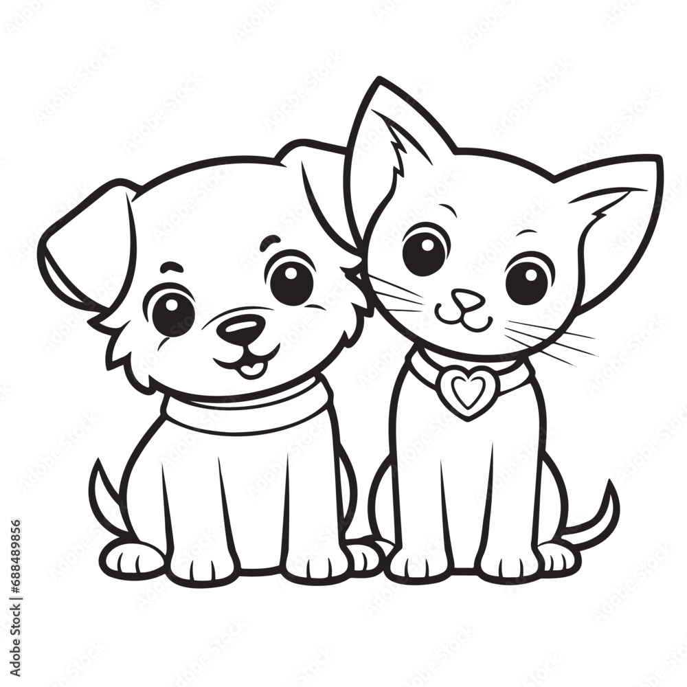 Freehand drawing of a cat and a dog, children s drawing
