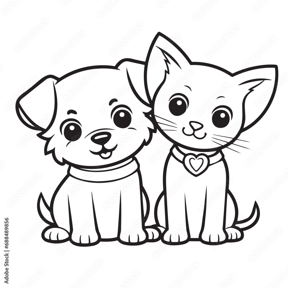 Freehand drawing of a cat and a dog, children s drawing Freehand drawing of a cat and a dog, children s drawing