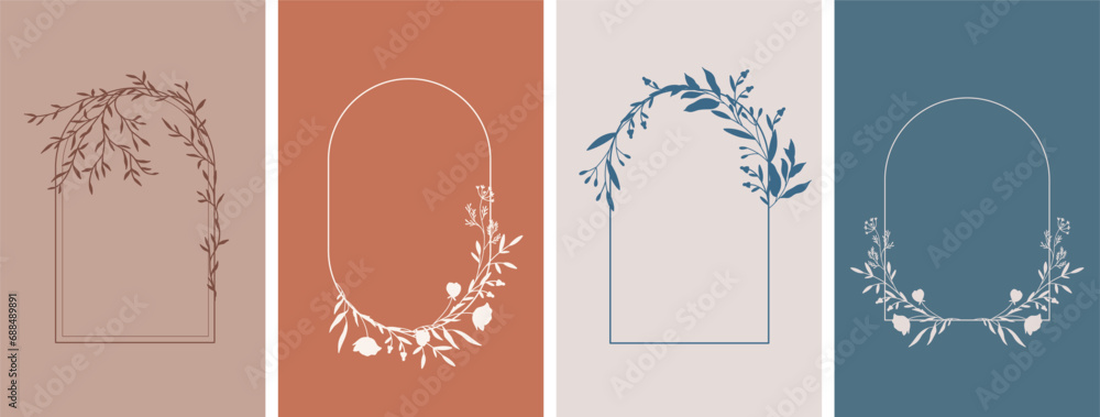 Elegant frames with hand drawn silhouettes of flowers and leaves, design templates in line style. Vector floral backgrounds for wedding invitation, greeting card, label, corporate identity. - obrazy, fototapety, plakaty 