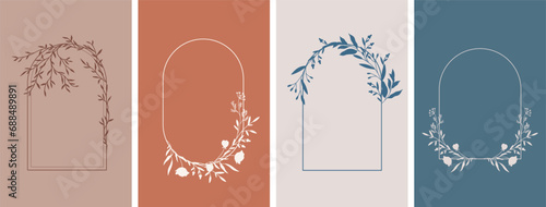 Elegant frames with hand drawn silhouettes of flowers and leaves, design templates in line style. Vector floral backgrounds for wedding invitation, greeting card, label, corporate identity. photo