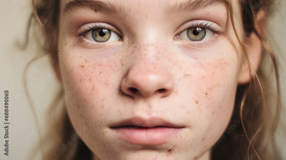 Imperfect beauty captured in a closeup against a beige studio setting. Imperfect beauty captured in a closeup against a beige studio setting.