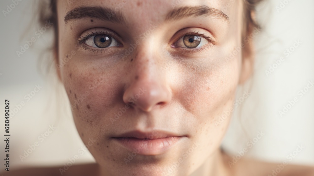 Fototapeta premium Closeup portrait showcasing a teen girl's imperfections with confidence.