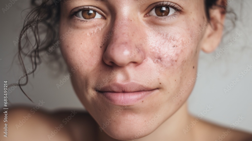 European lady gazes into the camera, showcasing her imperfect skin on a beige backdrop. European lady gazes into the camera, showcasing her imperfect skin on a beige backdrop.