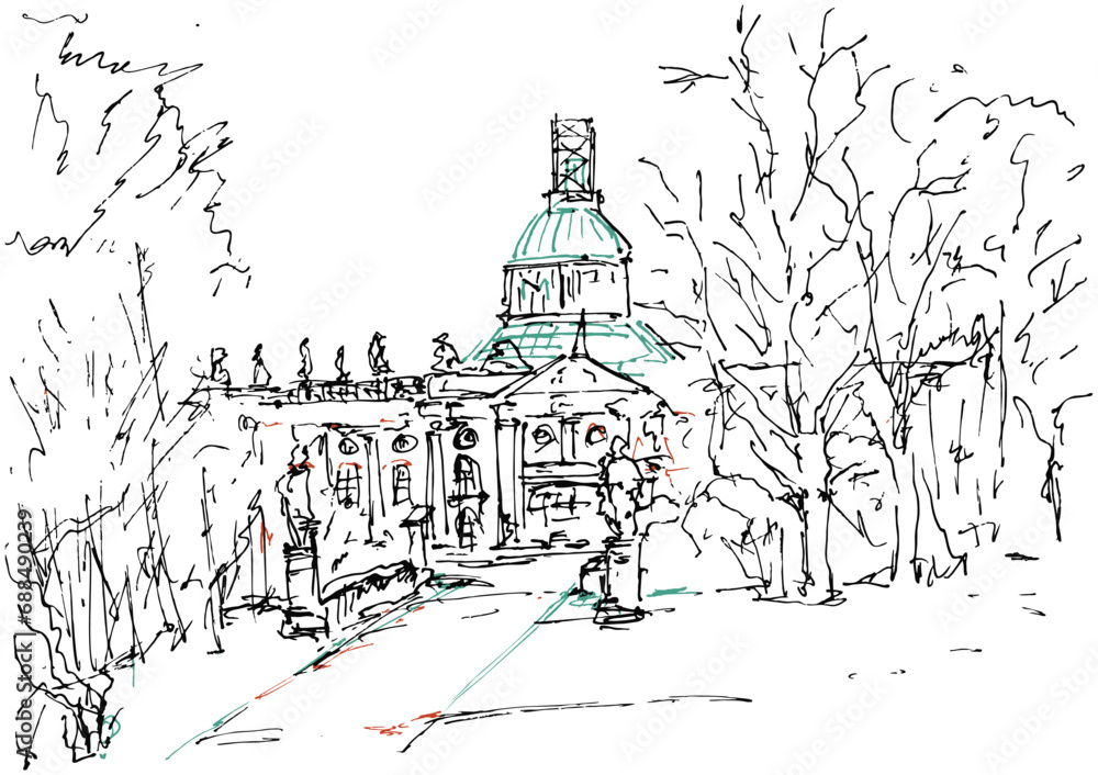 New Palace (Neues Palais) in Sanssouci Park, during restoration 2014. Autumn landscape Prussian Baroque palace, Posdam, Germany. Colored ink drawing.