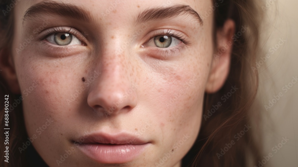 Woman from Europe poses against a studio light beige background, embracing her flawed skin. Woman from Europe poses against a studio light beige background, embracing her flawed skin.