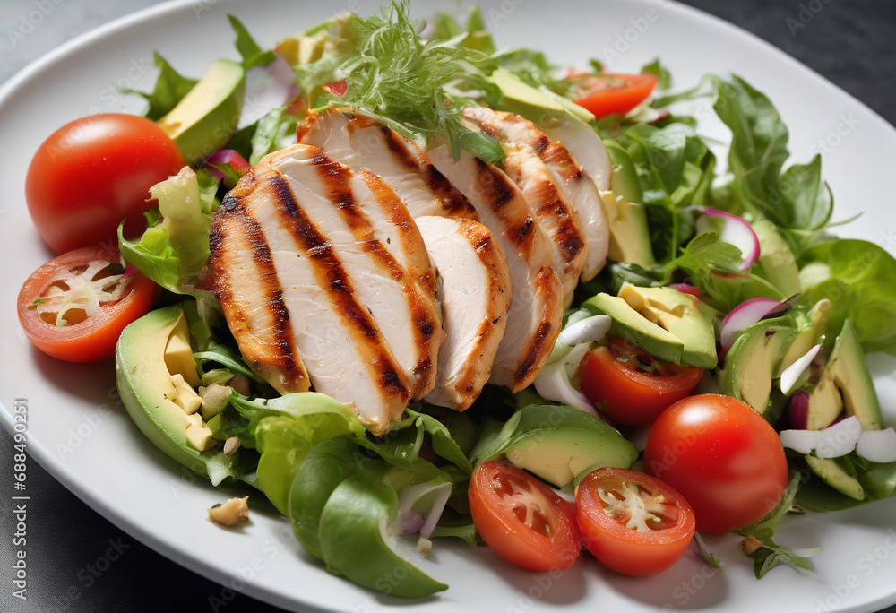 Delicious Chicken Fillet with Green Salad and Avocado on the Table Delicious Chicken Fillet with Green Salad and Avocado on the Table