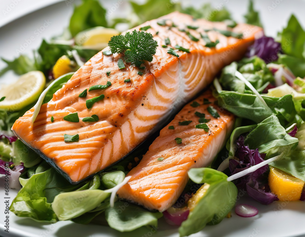 Delicious Salmon Fillet with Green Salad on the Table Delicious Salmon Fillet with Green Salad on the Table