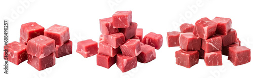 Collection of PNG. Cubes of raw beef meat isolated on a transparent background.