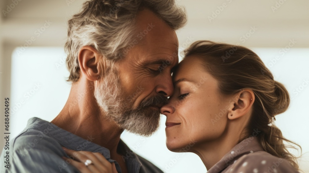 Fototapeta premium A sweet scene of a European couple in their embrace at home.