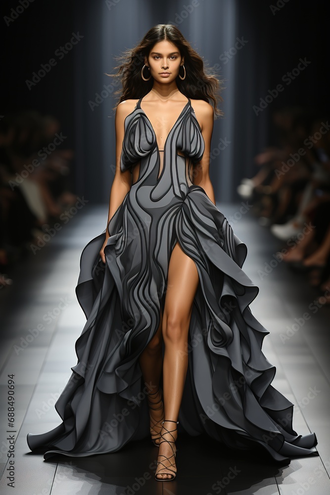 Fototapeta premium A runway filled with model showcasing the latest trends in haute couture at a glamorous Fashion Week event